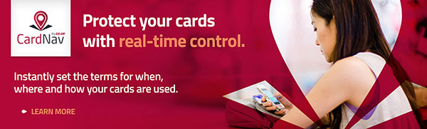 Protect your cards with real-time control. Learn More link.